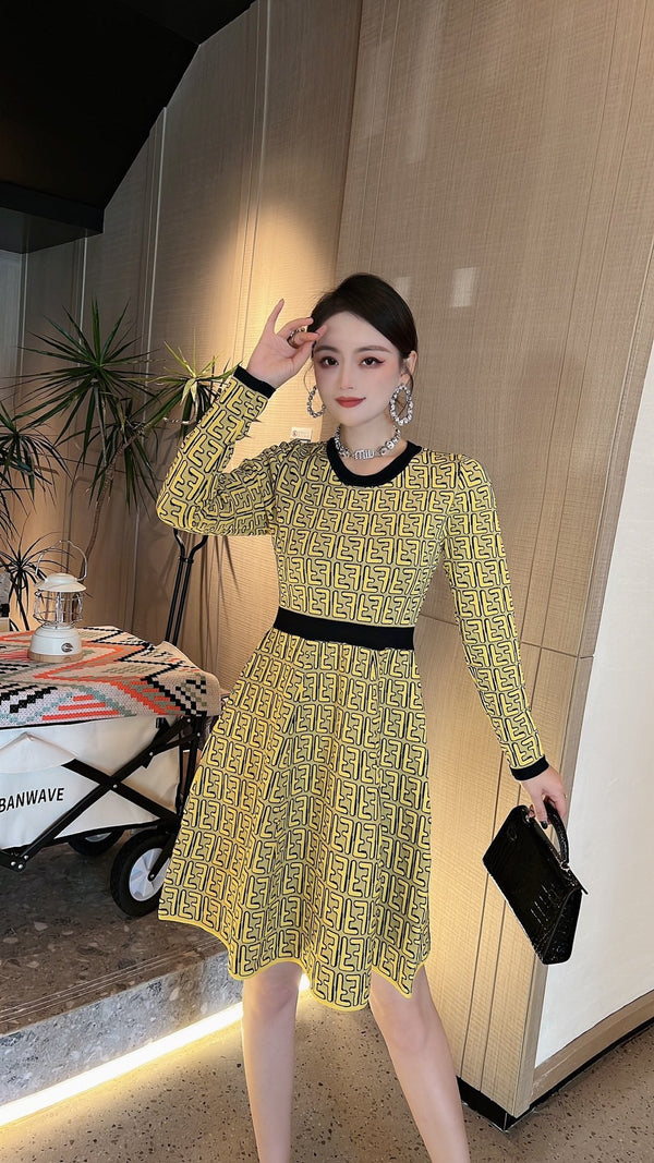 Fendi FF Logo Long Sleeve Jacquard Round Collar Yellow Fabric Dress