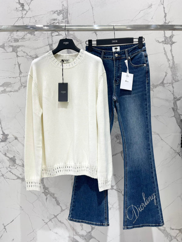 Fendi 25 Lazy-Style Crewneck Sweater White Cotton