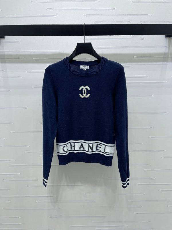 CC 25 Jacquard Double C Logo Pullover Sweater Blue Wool Cashmere