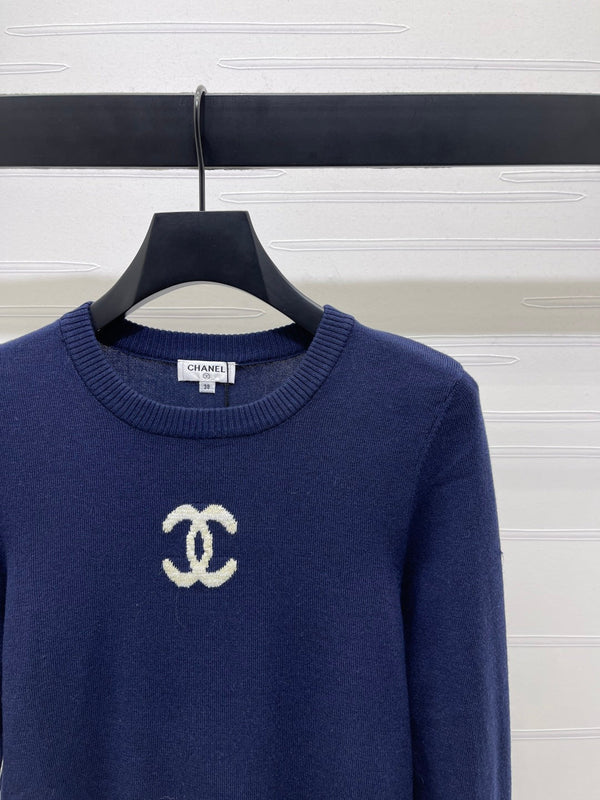 CC 25 Jacquard Double C Logo Pullover Sweater Blue Wool Cashmere