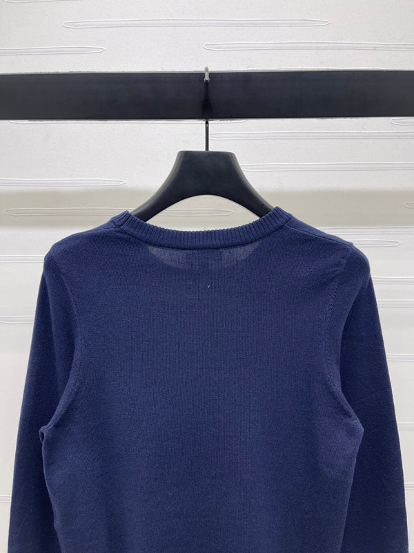 CC 25 Jacquard Double C Logo Pullover Sweater Blue Wool Cashmere