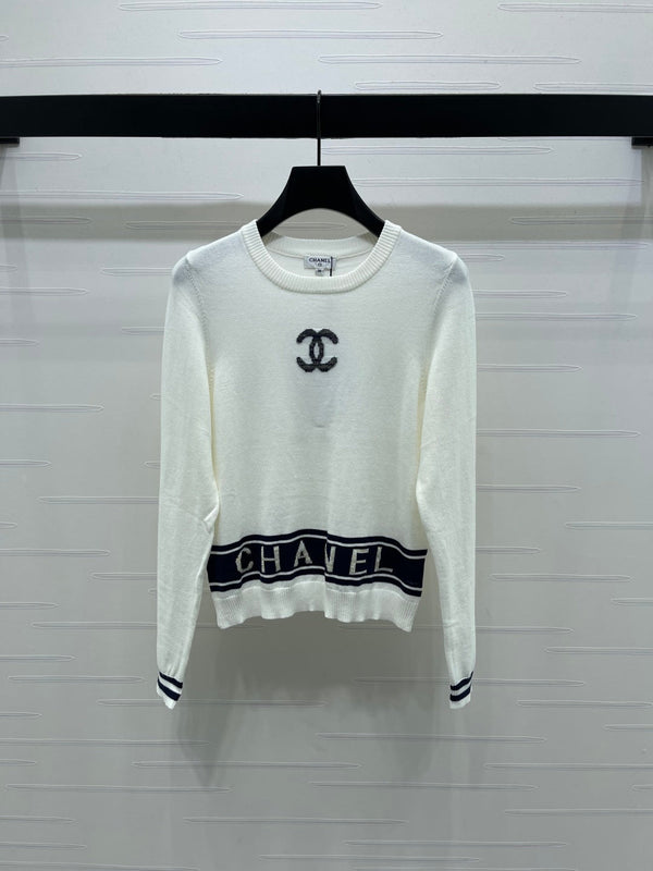 CC 25 Jacquard Double C Logo Pullover Sweater White Wool Cashmere