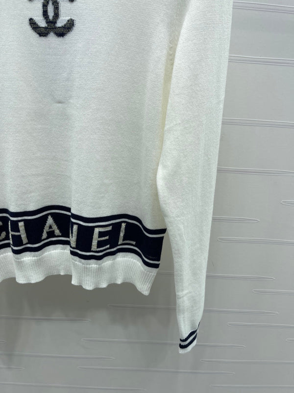 CC 25 Jacquard Double C Logo Pullover Sweater White Wool Cashmere