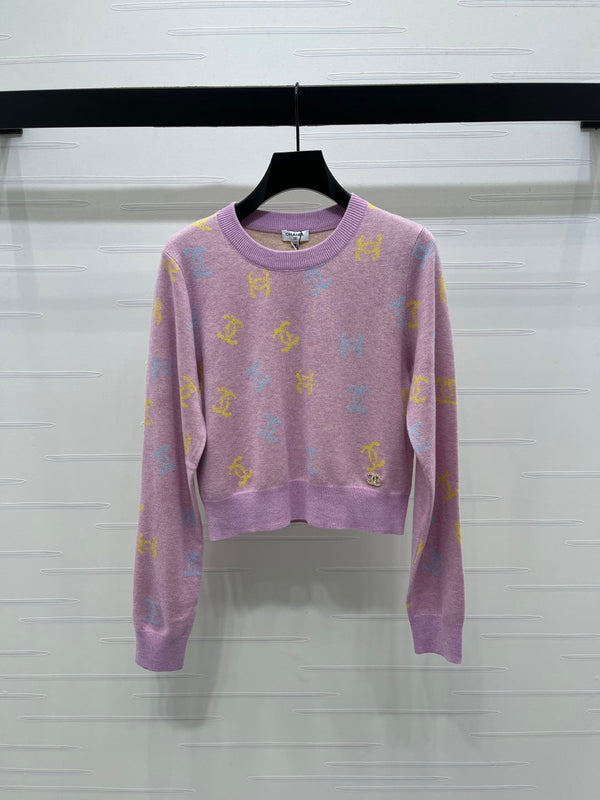 CC 25 Jacquard Long-Sleeved Pullover Sweater Pink Wool