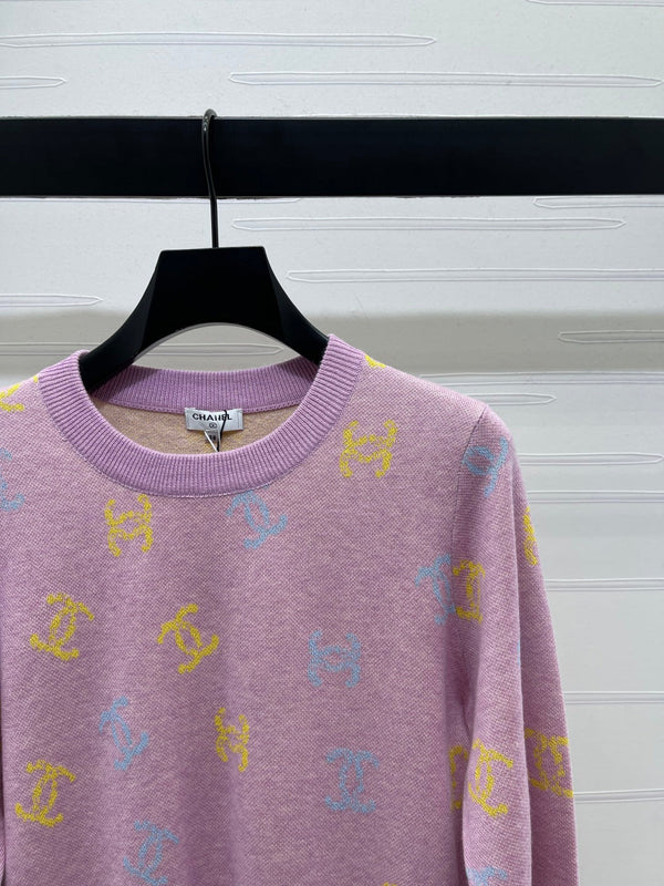 CC 25 Jacquard Long-Sleeved Pullover Sweater Pink Wool