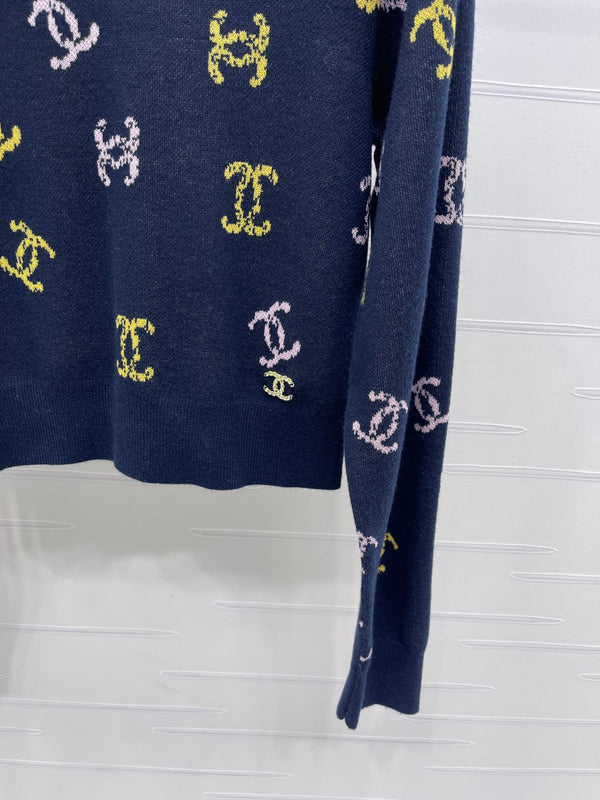 CC 25 Jacquard Long-Sleeved Pullover Sweater Black Wool