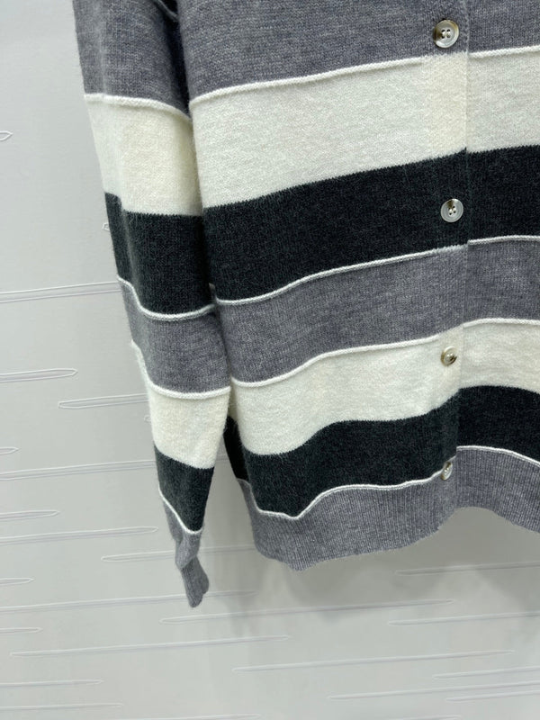 CC 25 Round-Neck Knitted Wool Cashmere Striped Cardigan