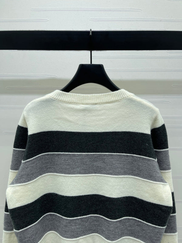 CC 25 Round-Neck Knitted Wool Cashmere Striped Cardigan