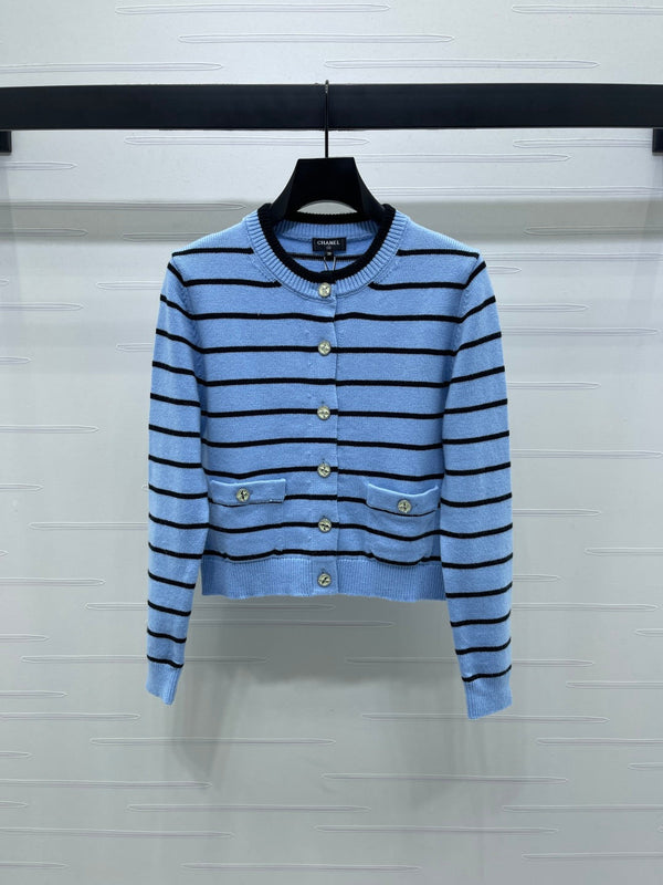 CC 25 Round Neck Striped Knitted Wool Blue Cardigan