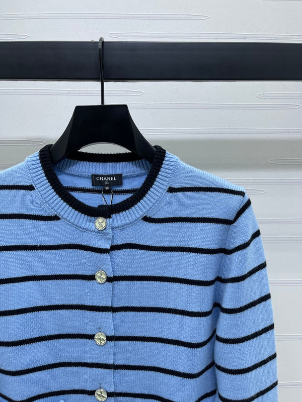 CC 25 Round Neck Striped Knitted Wool Blue Cardigan