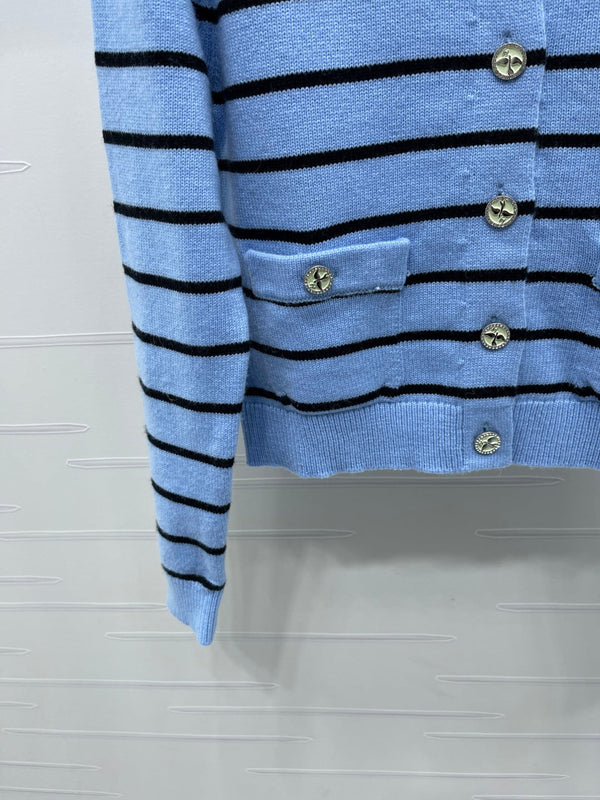 CC 25 Round Neck Striped Knitted Wool Blue Cardigan