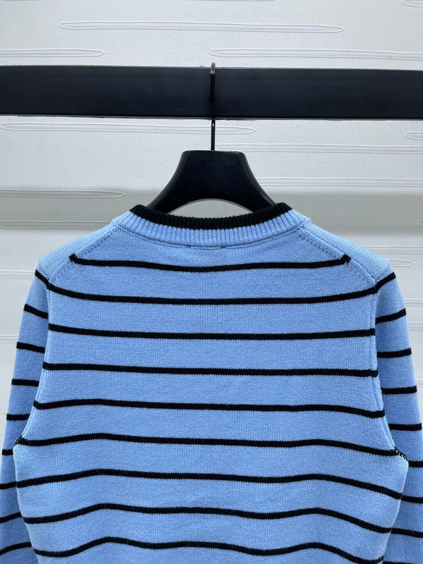 CC 25 Round Neck Striped Knitted Wool Blue Cardigan