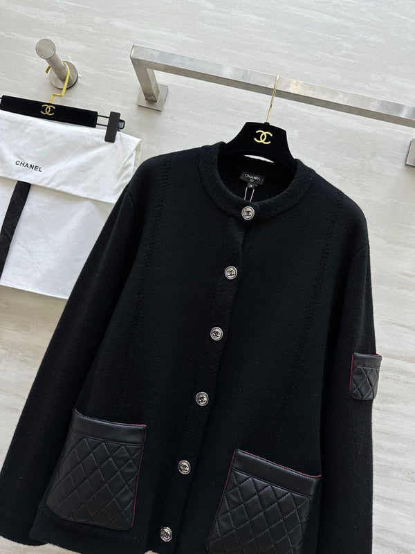 CC 24B Knitted Cashmere and Leather Black Cardigan