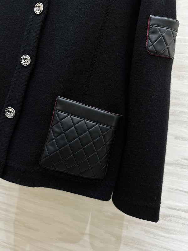 CC 24B Knitted Cashmere and Leather Black Cardigan