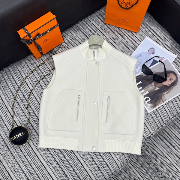 HM Stand-Up Collar Double-Faced Cashmere White Vest