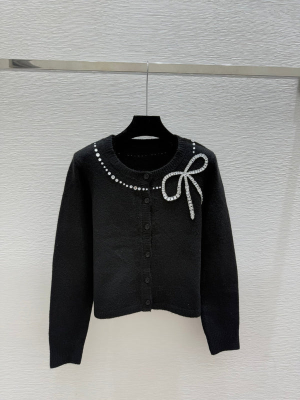 CC 25F Heavy Bow Beaded Round Neck Knit Wool Cashmere Long-Sleeved Cardigan