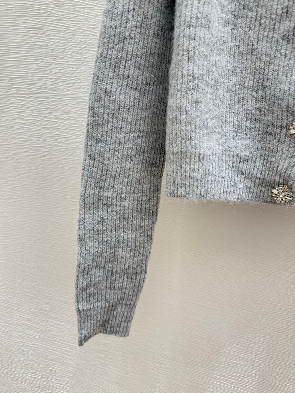 CC 25F Heavy Beaded CrewNeck Knit Wool Long-Sleeved Cardigan