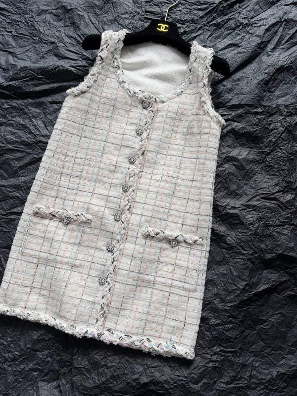 CC 25S Tweed Woven White Vest Dress