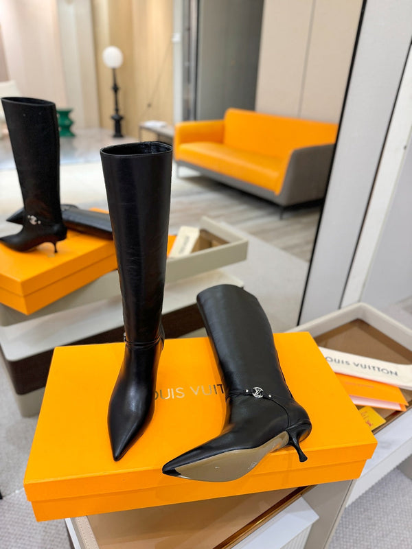 LV 6AM High Boots 55mm Heel Black Calfskin 504805