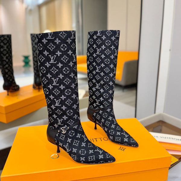 LV 6AM High Boots 55mm Heel Navy Blue Denim 504803