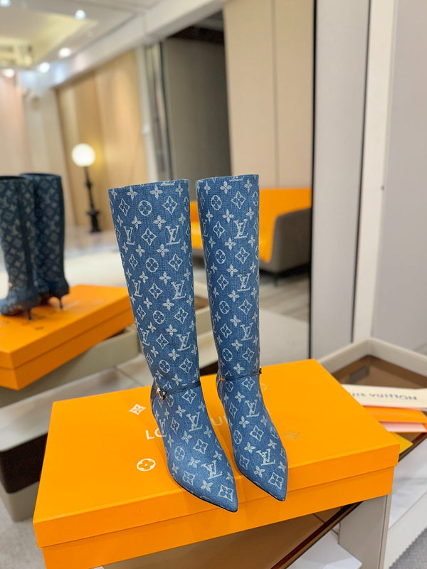 LV 6AM High Boots 55mm Heel Blue Denim 504802