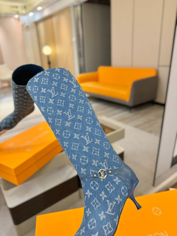LV 6AM High Boots 55mm Heel Blue Denim 504802
