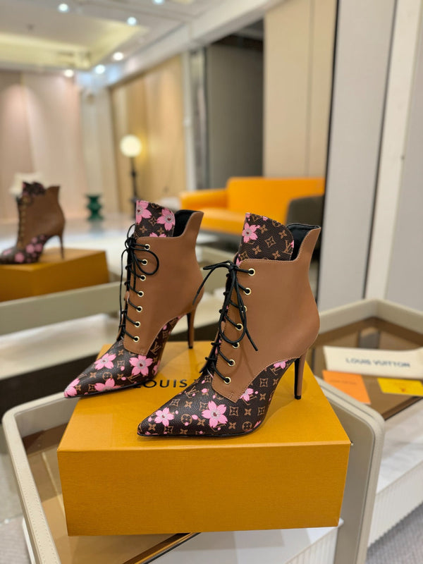 LV Ankle Boot 90mm Borwn Calfskin Mix Cherry Blossom Monogram 504800