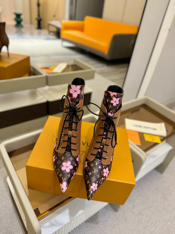 LV Ankle Boot 90mm Borwn Calfskin Mix Cherry Blossom Monogram 504800