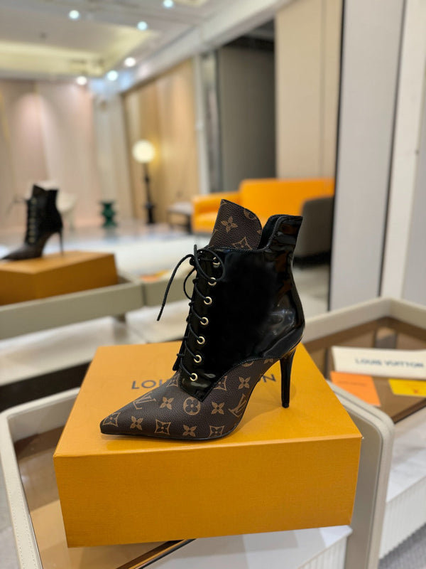 LV Ankle Boot 90mm Black Glossy Calfskin Mix Brown Monogram 504799