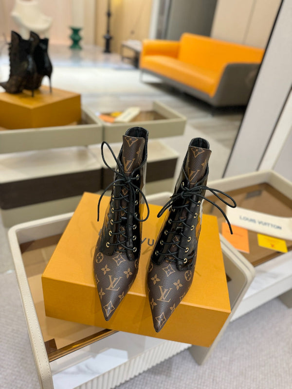 LV Ankle Boot 90mm Black Glossy Calfskin Mix Brown Monogram 504799