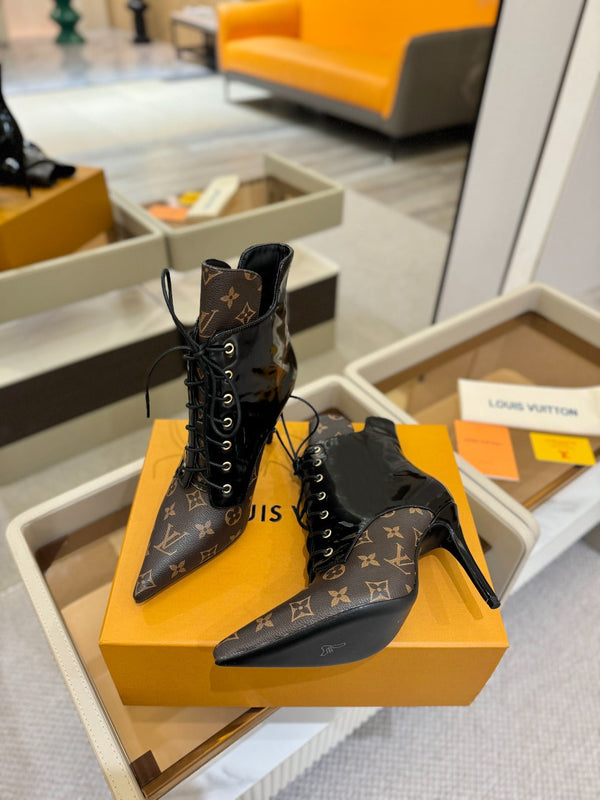LV Ankle Boot 90mm Black Glossy Calfskin Mix Brown Monogram 504799