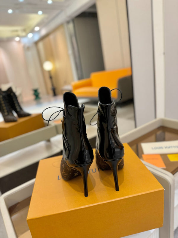 LV Ankle Boot 90mm Black Glossy Calfskin Mix Brown Monogram 504799