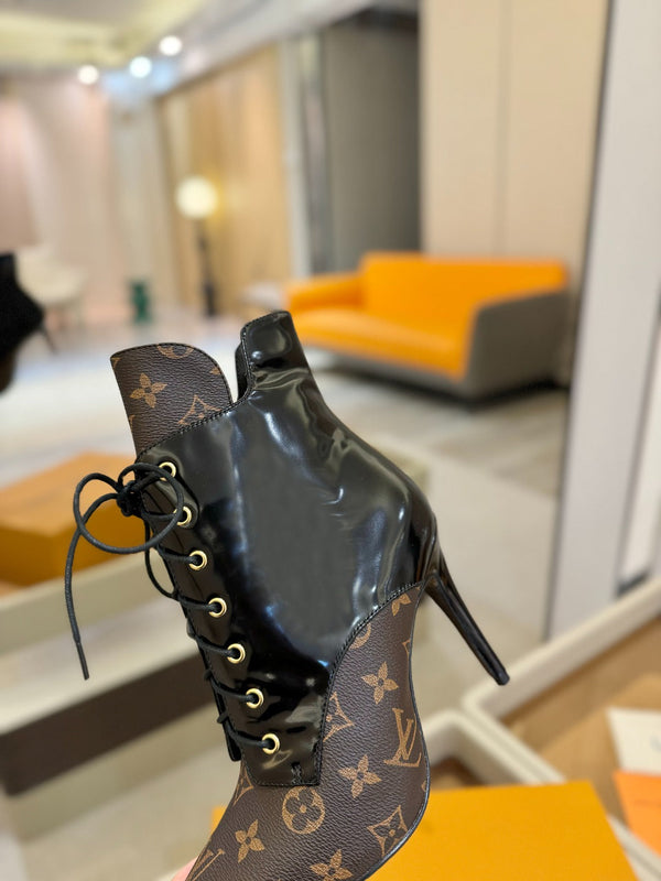 LV Ankle Boot 90mm Black Glossy Calfskin Mix Brown Monogram 504799