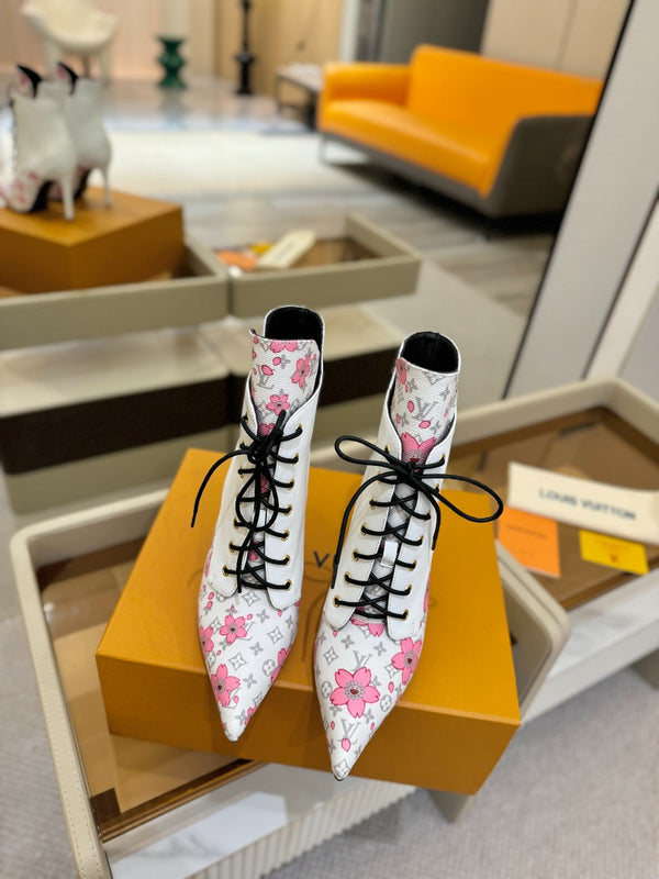 LV Ankle Boot 90mm White Calfskin Mix Cherry Blossom Monogram 504798