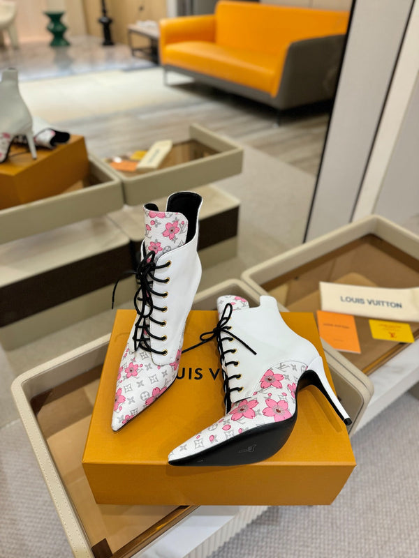 LV Ankle Boot 90mm White Calfskin Mix Cherry Blossom Monogram 504798