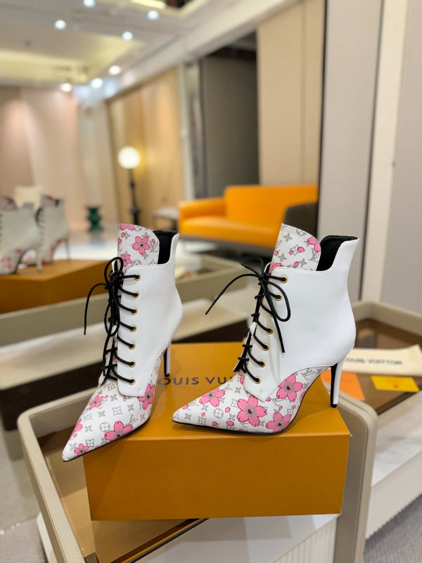 LV Ankle Boot 90mm White Calfskin Mix Cherry Blossom Monogram 504798