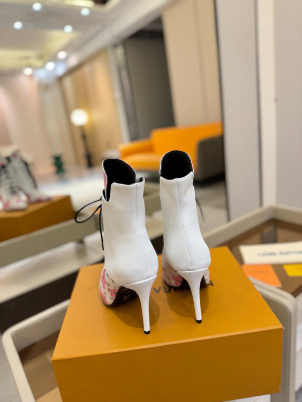 LV Ankle Boot 90mm White Calfskin Mix Cherry Blossom Monogram 504798
