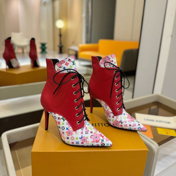 LV Ankle Boot 90mm Red Calfskin Mix Cherry Blossom Monogram 504797