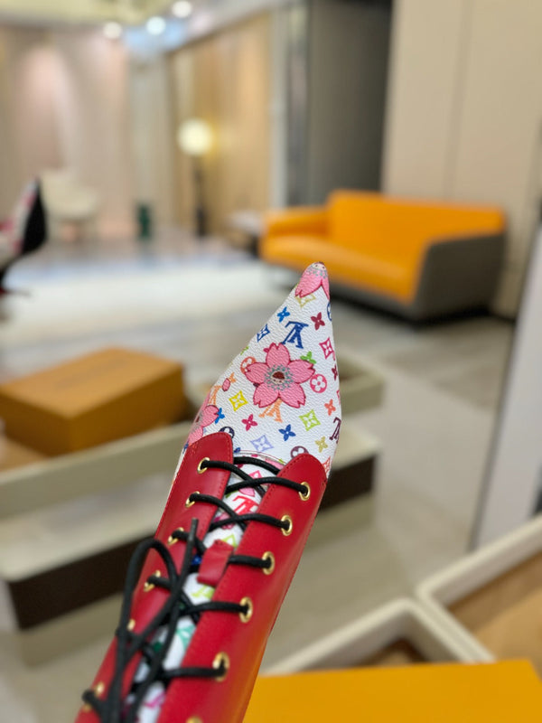 LV Ankle Boot 90mm Red Calfskin Mix Cherry Blossom Monogram 504797