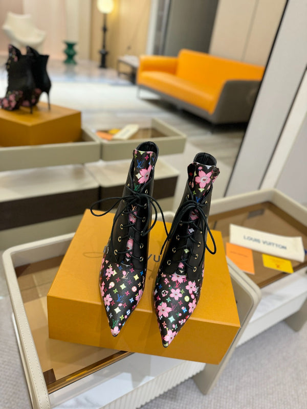 LV Ankle Boot 90mm Black Calfskin Mix Cherry Blossom Monogram 504796