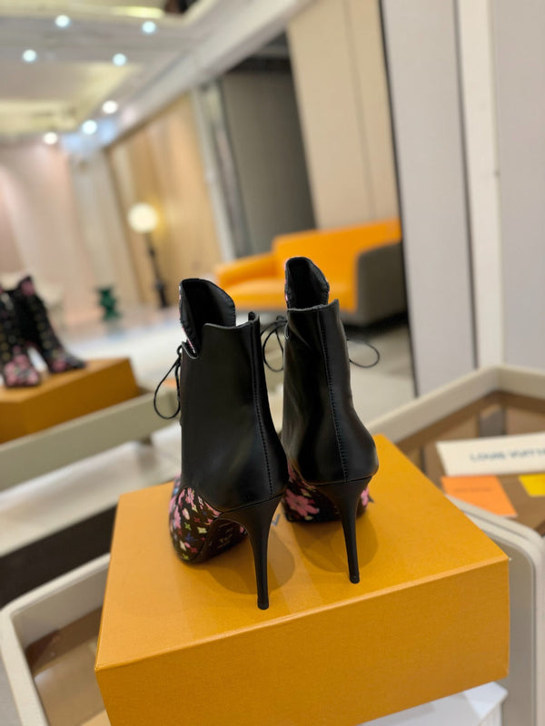 LV Ankle Boot 90mm Black Calfskin Mix Cherry Blossom Monogram 504796