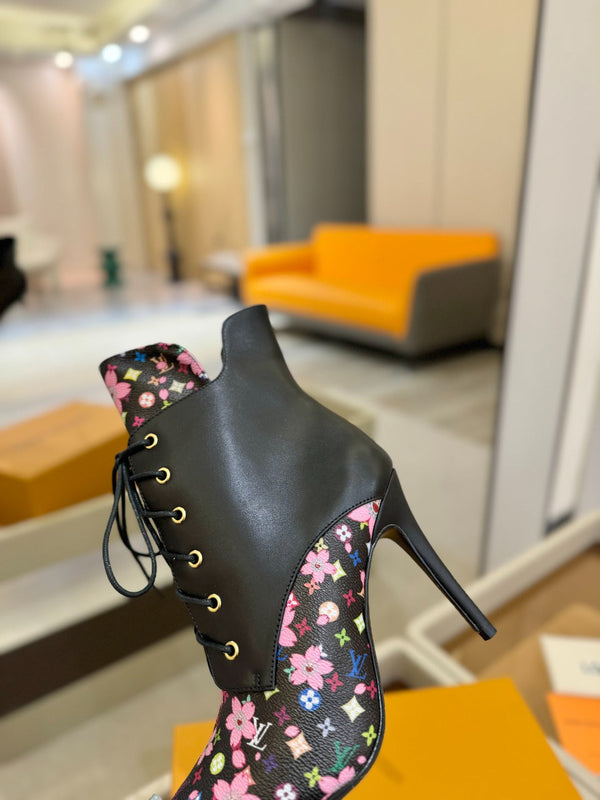 LV Ankle Boot 90mm Black Calfskin Mix Cherry Blossom Monogram 504796