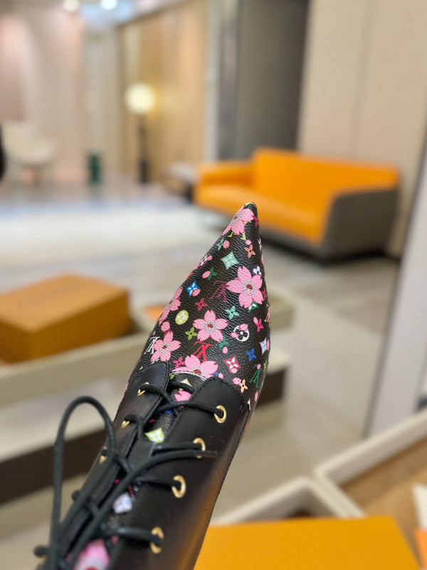 LV Ankle Boot 90mm Black Calfskin Mix Cherry Blossom Monogram 504796