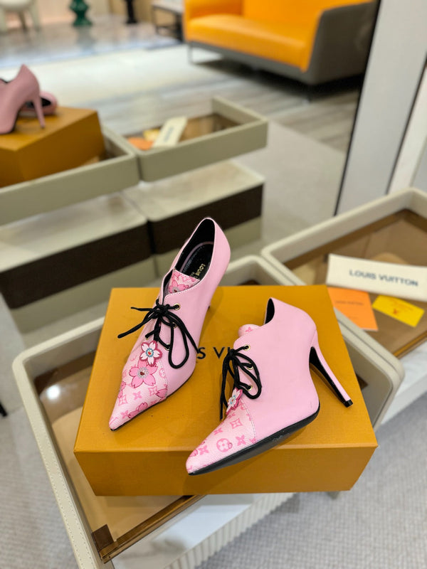 LV Ankle Boot 90mm Pink Calfskin Mix Cherry Blossom Monogram 504795