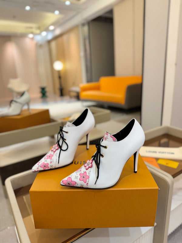 LV Ankle Boot 90mm White Calfskin Mix Cherry Blossom Monogram 504794