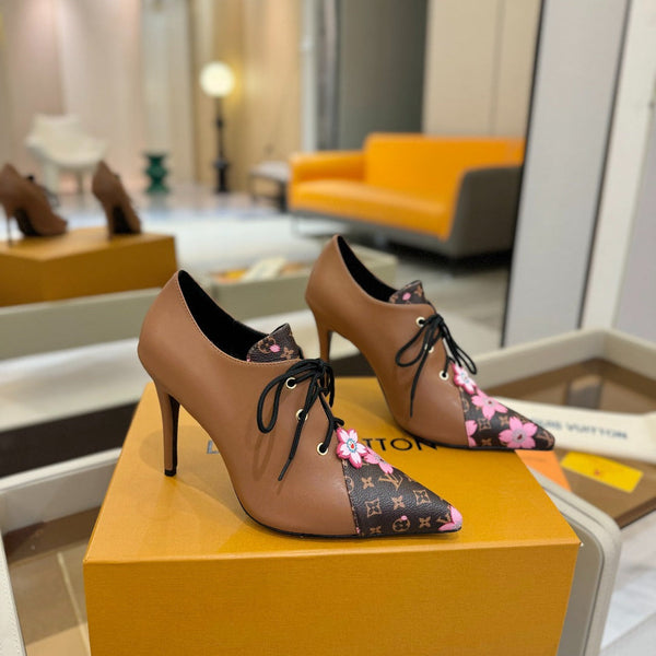 LV Ankle Boot 90mm Brown Calfskin Mix Cherry Blossom Monogram 504793