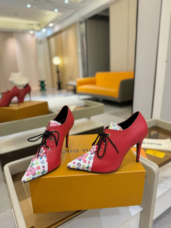 LV Ankle Boot 90mm Red Calfskin Mix Cherry Blossom Monogram 504792