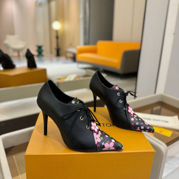 LV Ankle Boot 90mm Black Calfskin Mix Cherry Blossom Monogram 504791