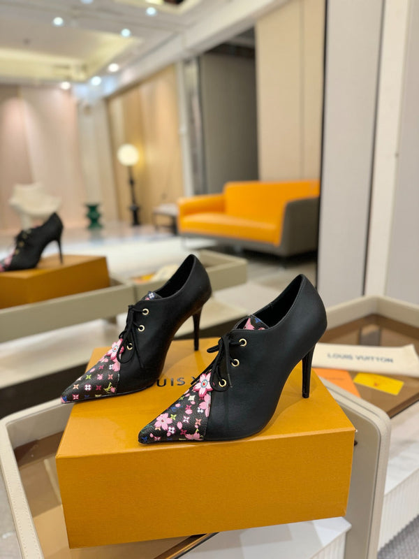 LV Ankle Boot 90mm Black Calfskin Mix Cherry Blossom Monogram 504791