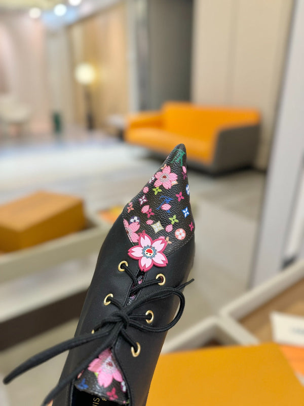 LV Ankle Boot 90mm Black Calfskin Mix Cherry Blossom Monogram 504791